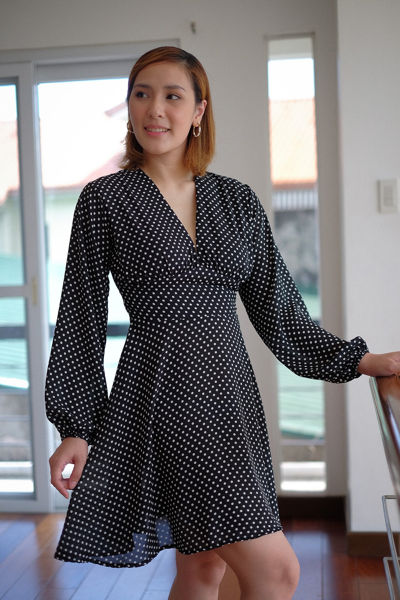 The Lyra Mini Dress - black white dotted