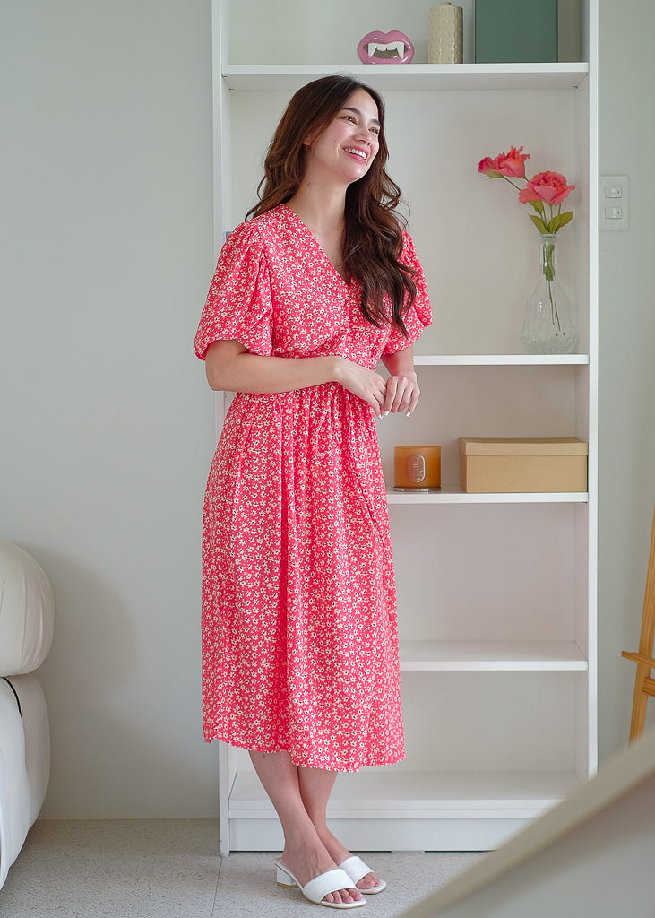 Dulce Midi Dress - Red White Floral