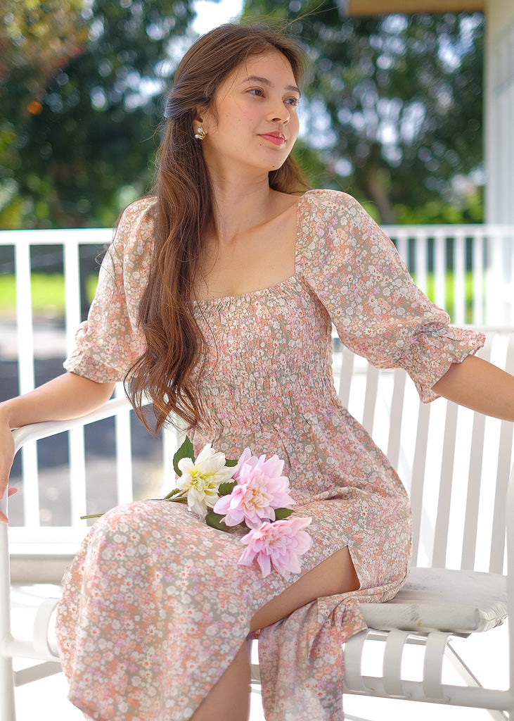 The Blair Midi Dress - nude pastel floral