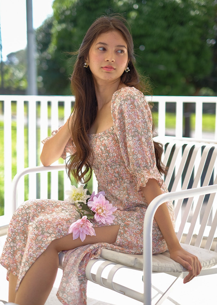 The Blair Midi Dress - nude pastel floral
