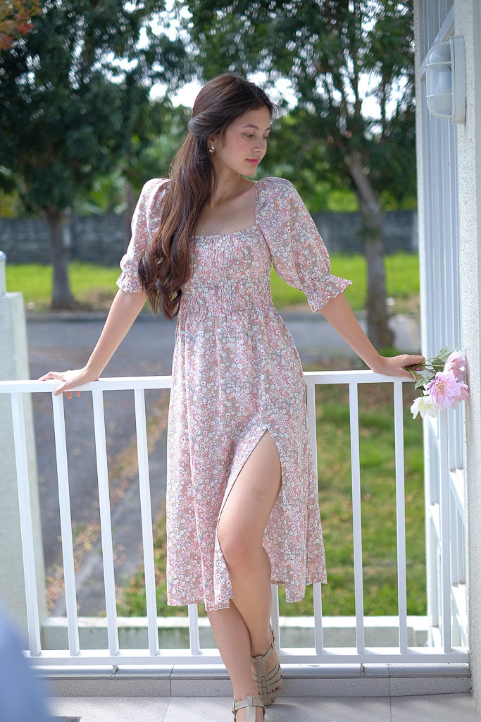 The Blair Midi Dress - nude pastel floral