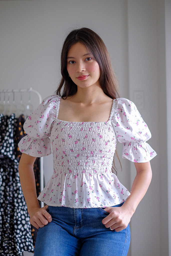 Elara Smocked Peplum Top - white with pink floral
