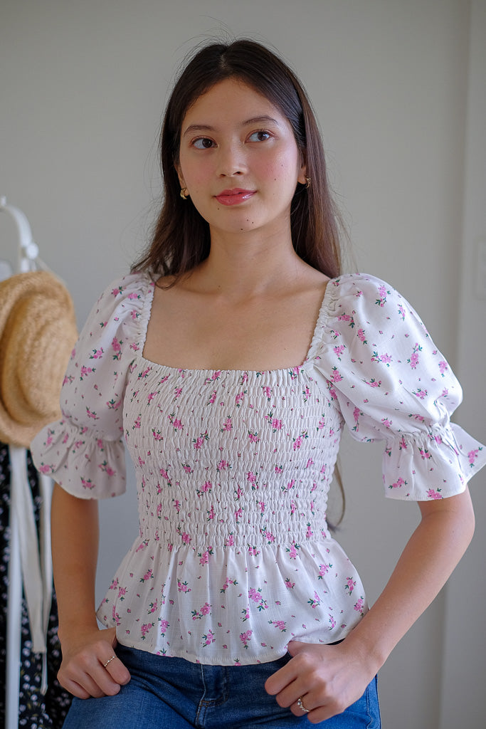 Elara Smocked Peplum Top - white with pink floral
