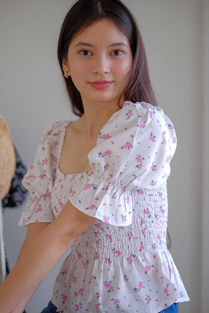 Elara Smocked Peplum Top - white with pink floral