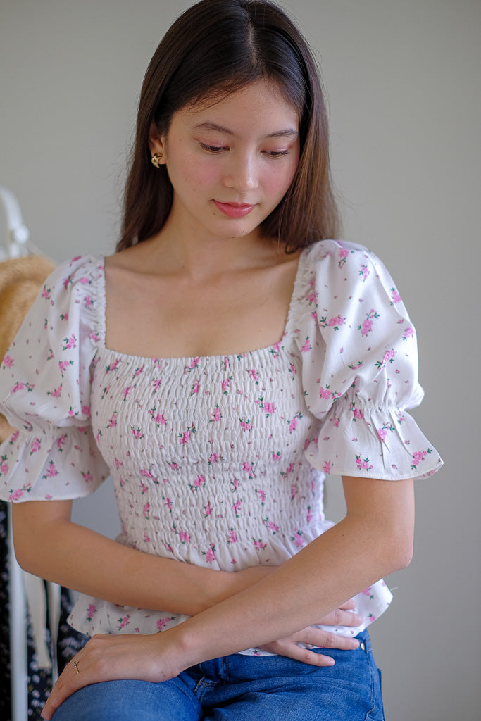 Elara Smocked Peplum Top - white with pink floral
