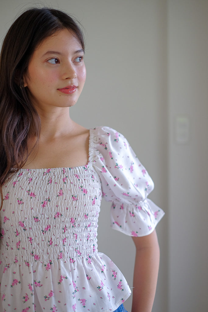 Elara Smocked Peplum Top - white with pink floral