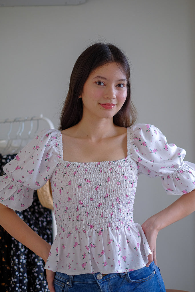 Elara Smocked Peplum Top - white with pink floral