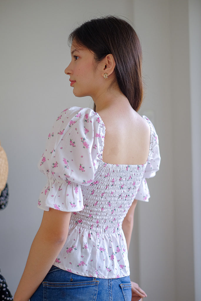 Elara Smocked Peplum Top - white with pink floral