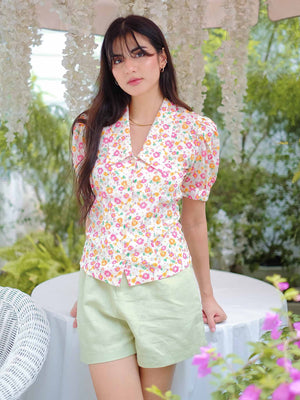 Belinda Top - White floral garden
