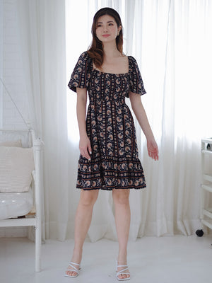 Jasmine knee length dress - dark blue boho print