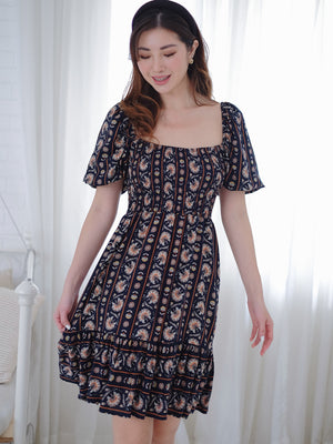 Jasmine knee length dress - dark blue boho print