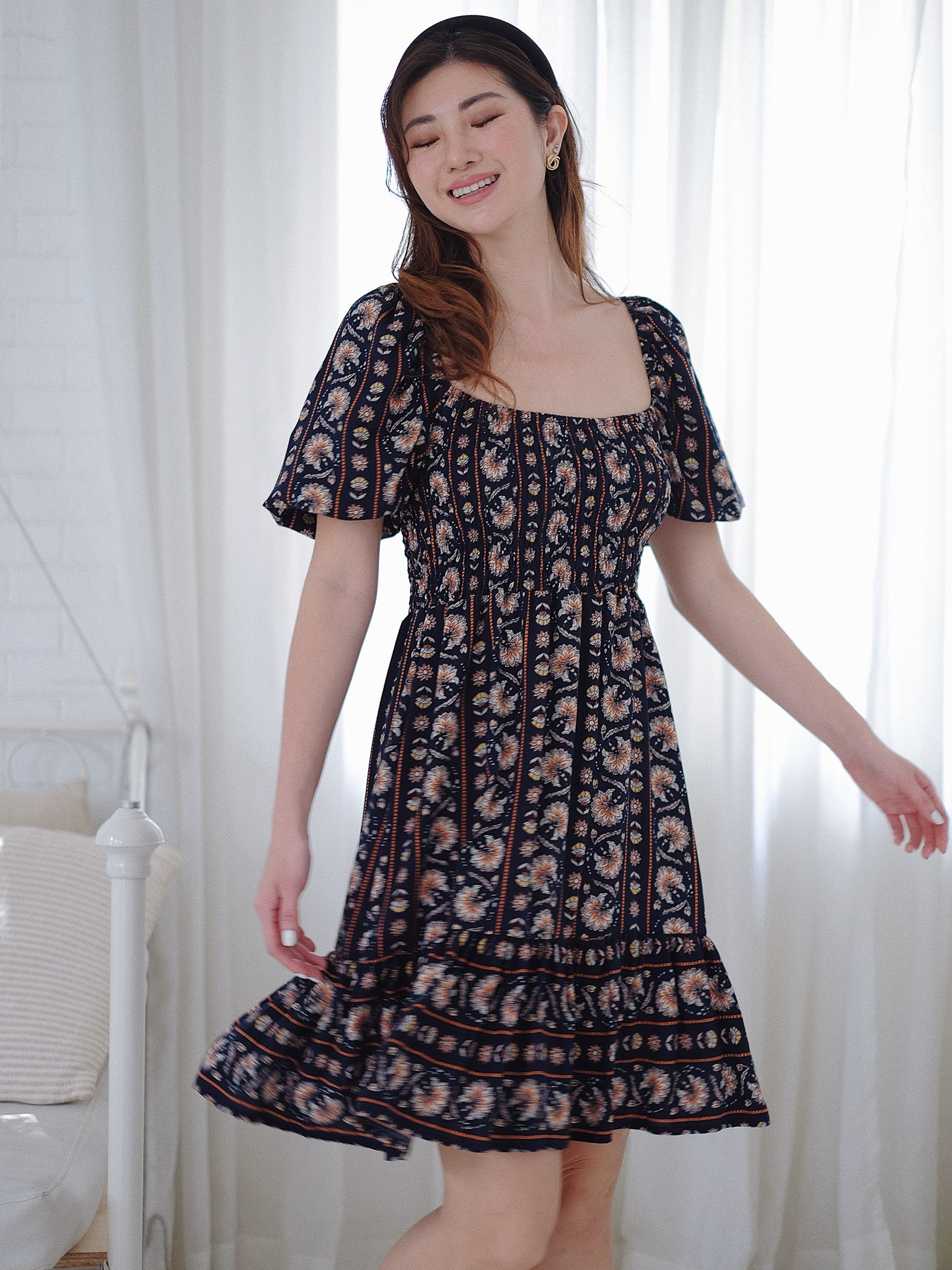 Jasmine knee length dress - dark blue boho print