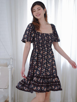 Jasmine knee length dress - dark blue boho print