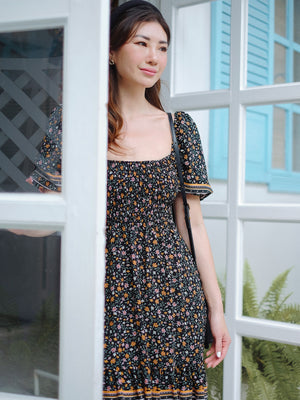Jasmine knee length dress - black boho print