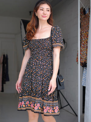 Jasmine knee length dress - black boho print