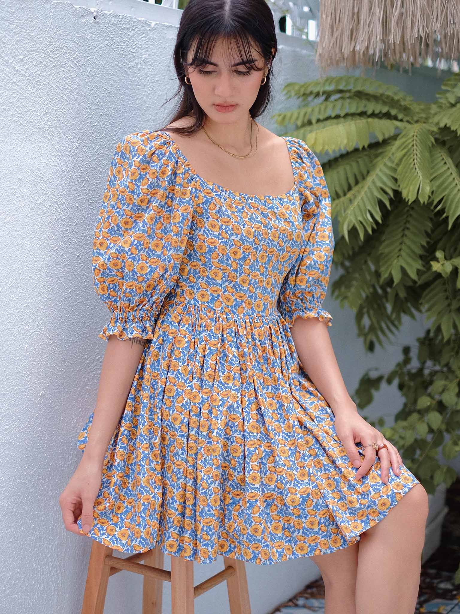 Candice baby doll dress - Yellow Poppy print