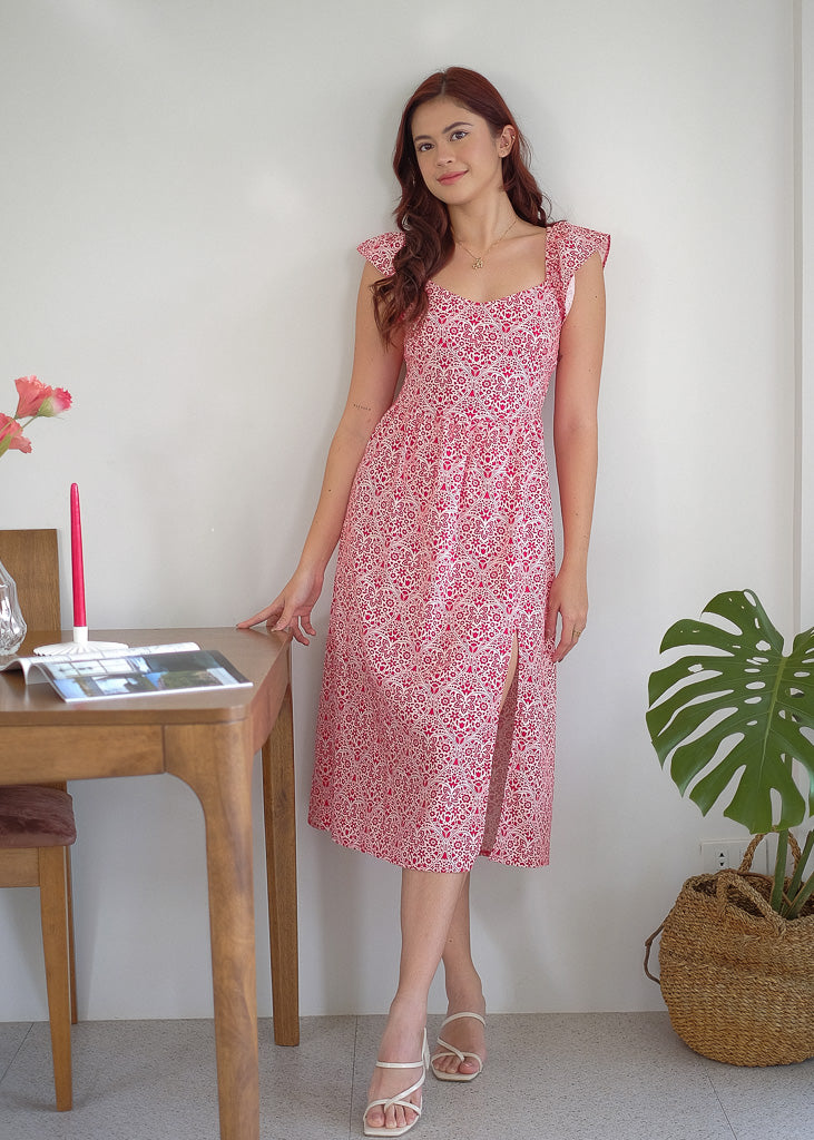 Livia Midi Dress - Red & white pattern