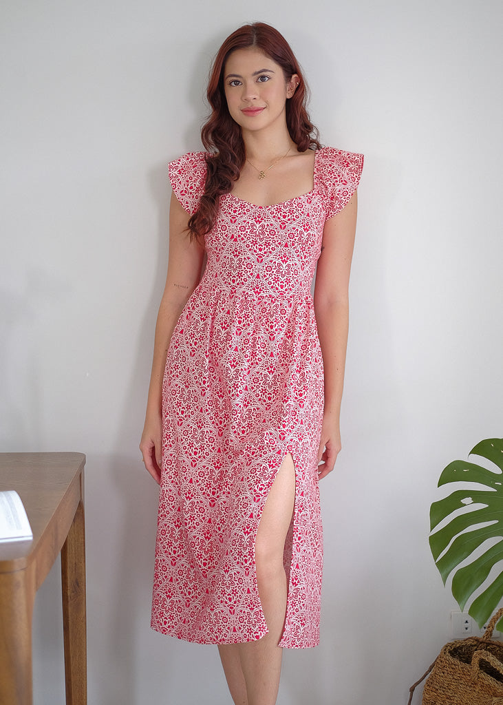Livia Midi Dress - Red & white pattern