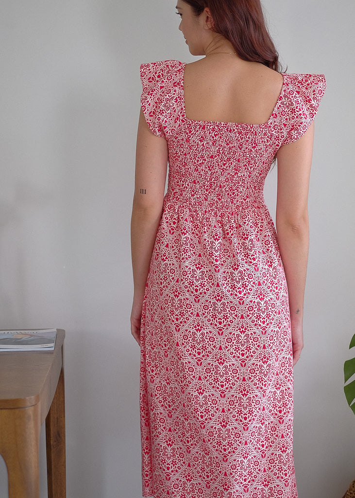 Livia Midi Dress - Red & white pattern