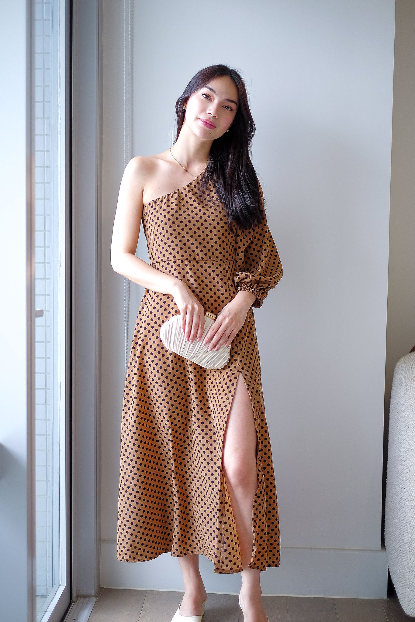 The Celeste midi dress - caramel brown polka