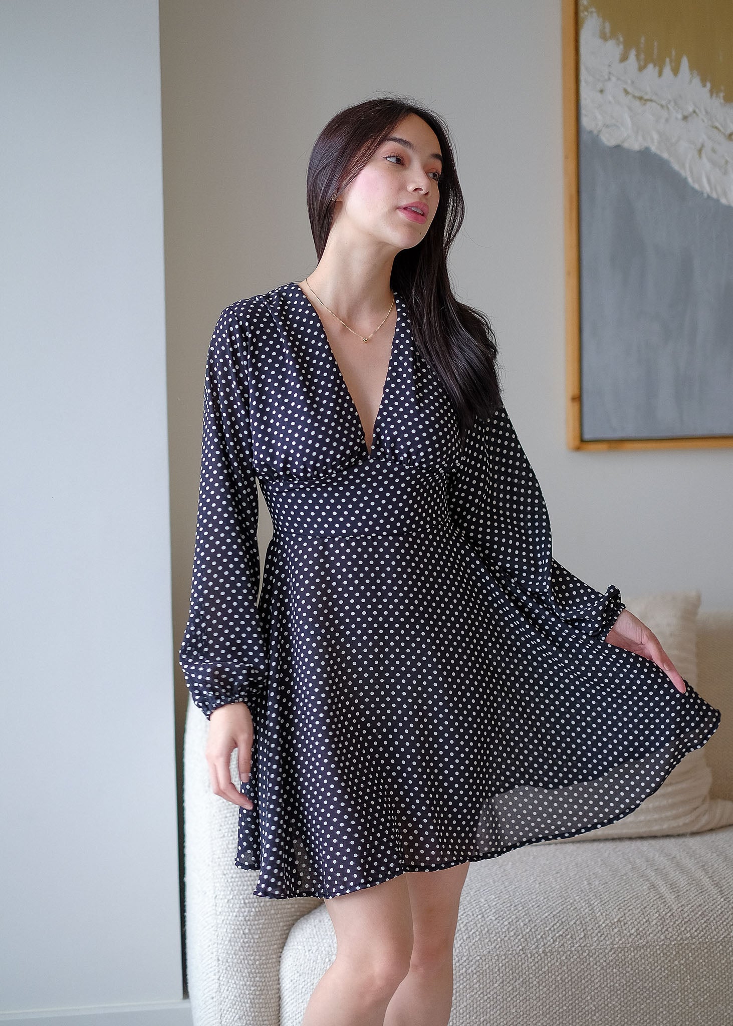 The Lyra Mini Dress - black white dotted
