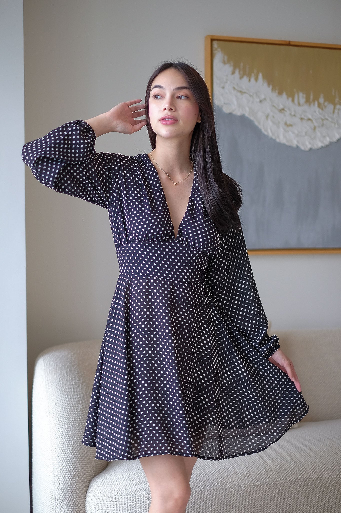 The Lyra Mini Dress - black white dotted