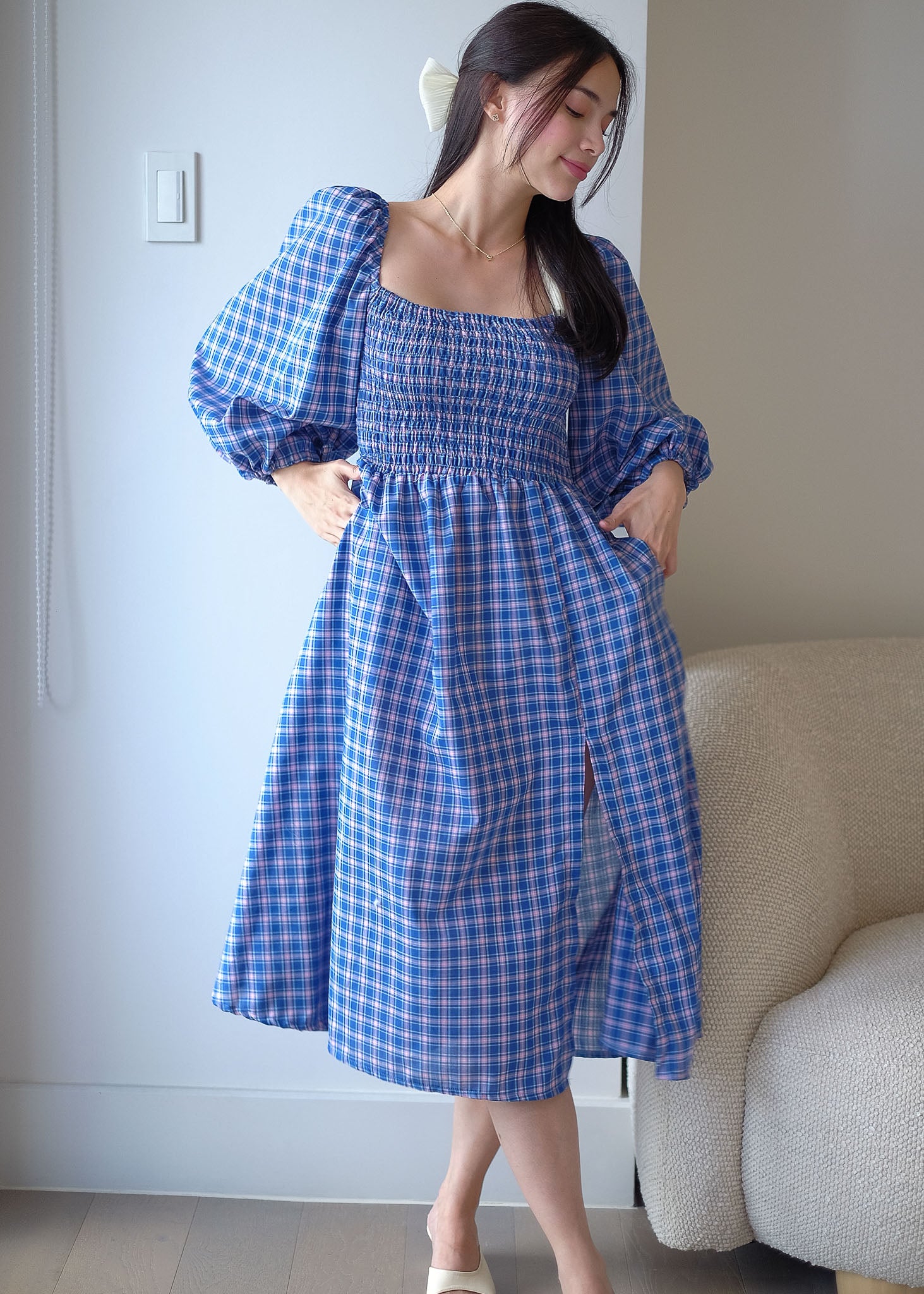 The Coleen Midi Dress - blue plaid print