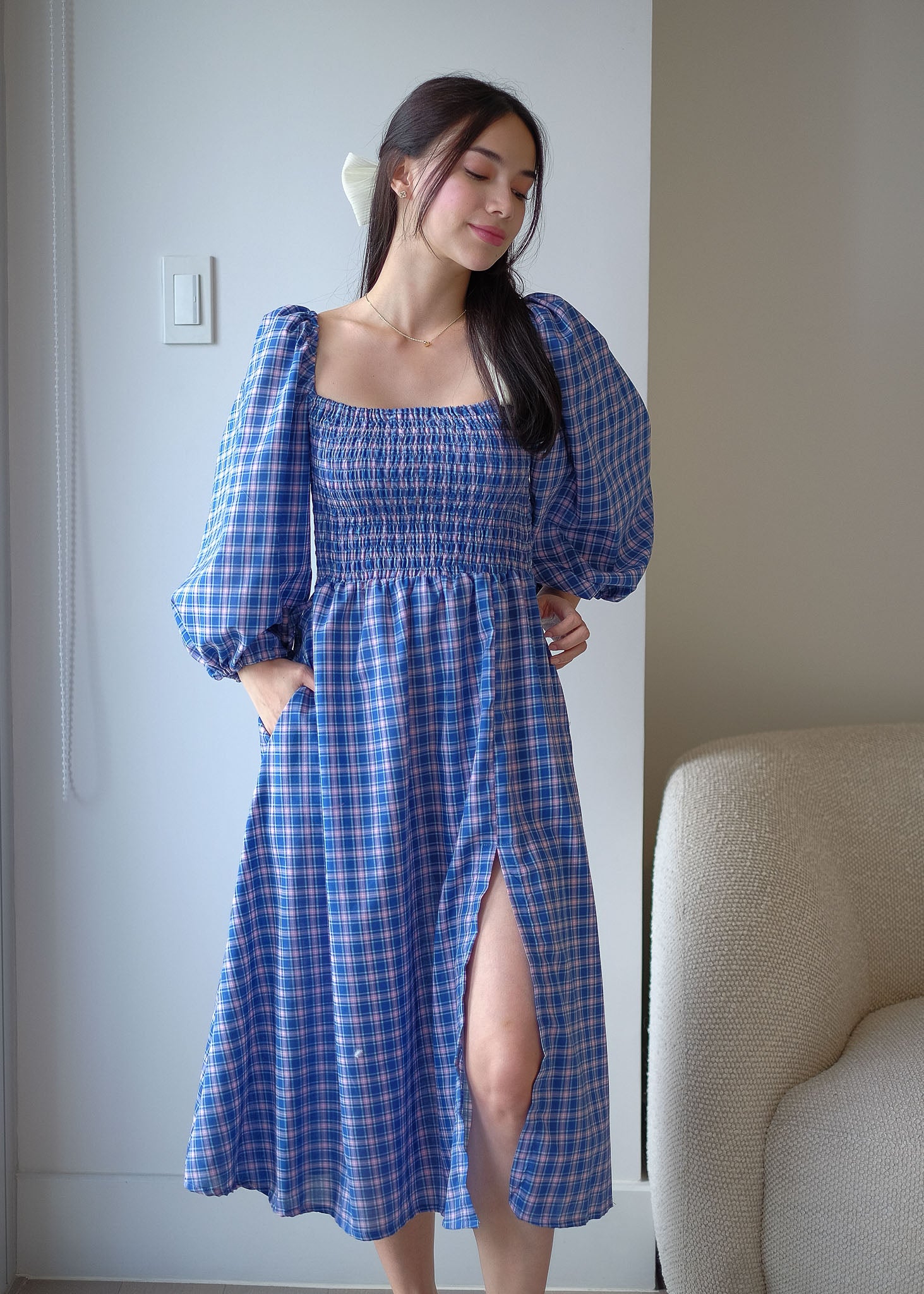 The Coleen Midi Dress - blue plaid print