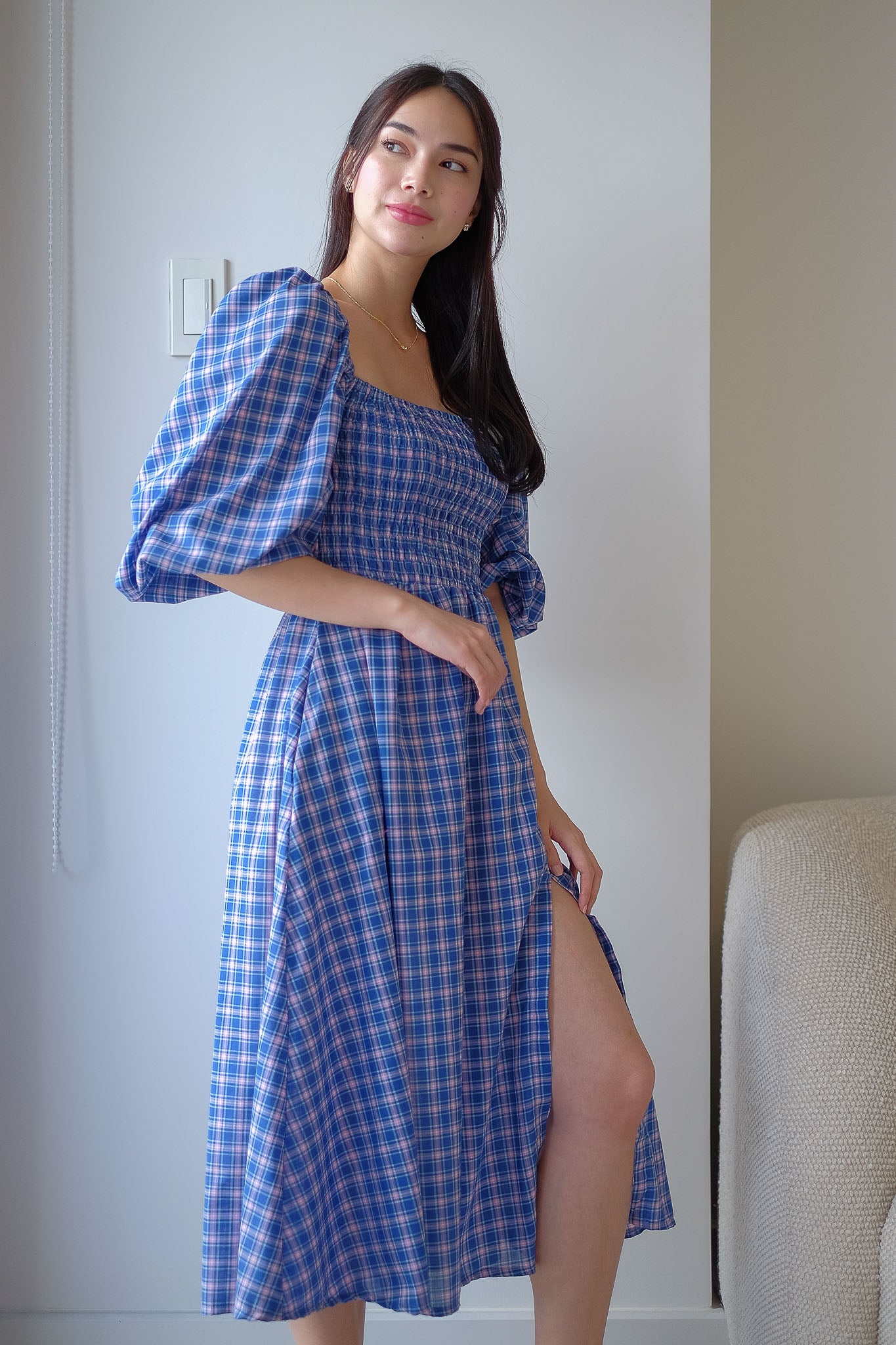 The Coleen Midi Dress - blue plaid print