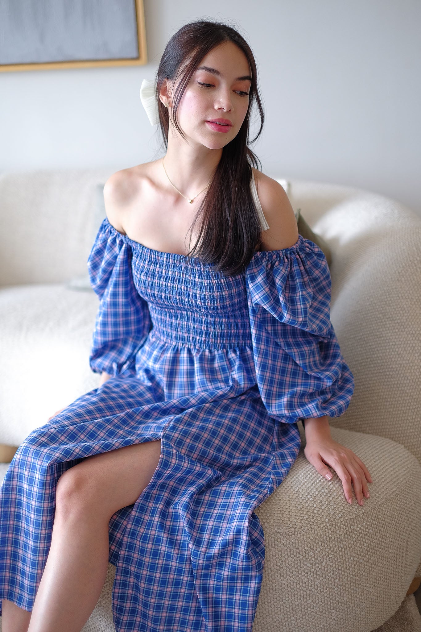 The Coleen Midi Dress - blue plaid print