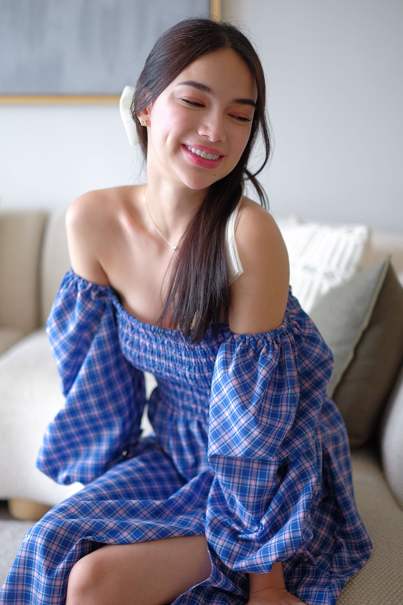 The Coleen Midi Dress - blue plaid print