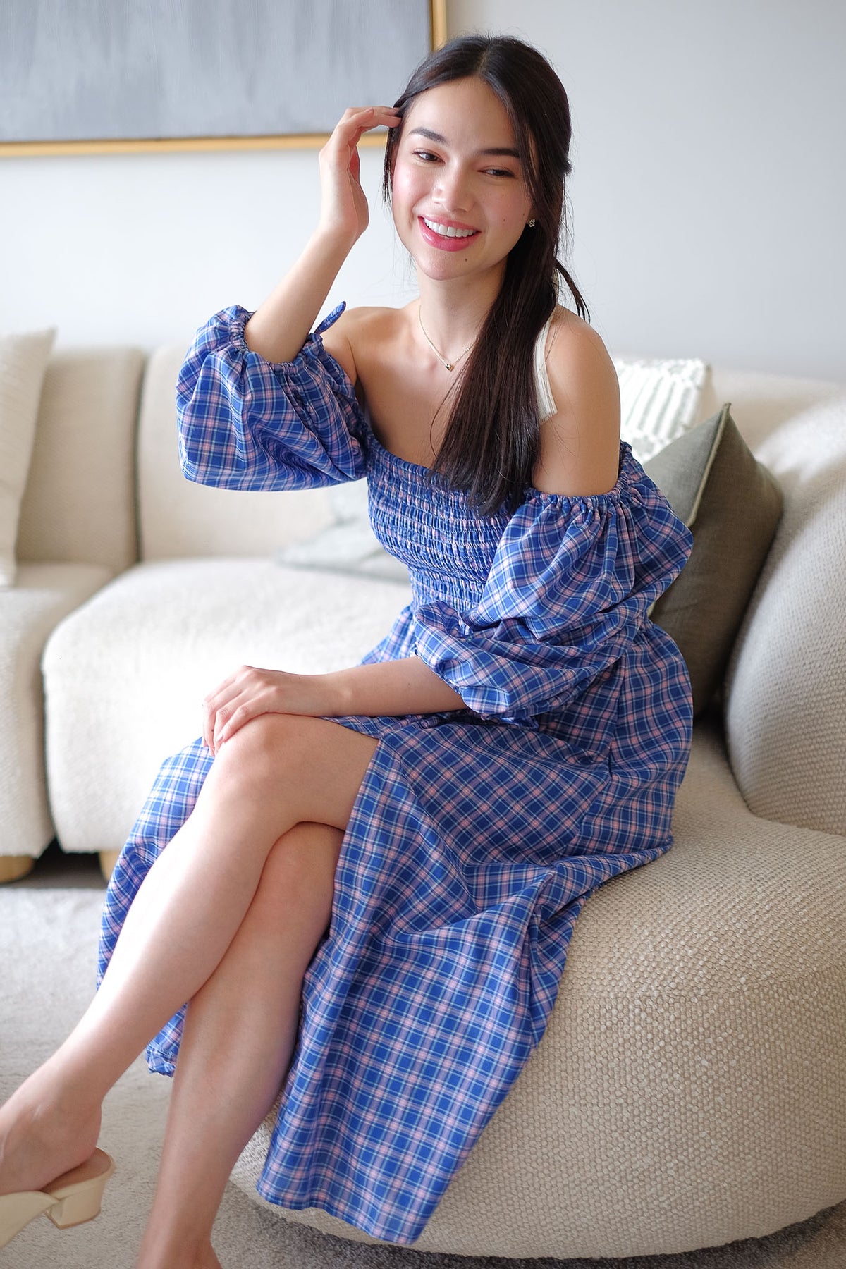 The Coleen Midi Dress - blue plaid print