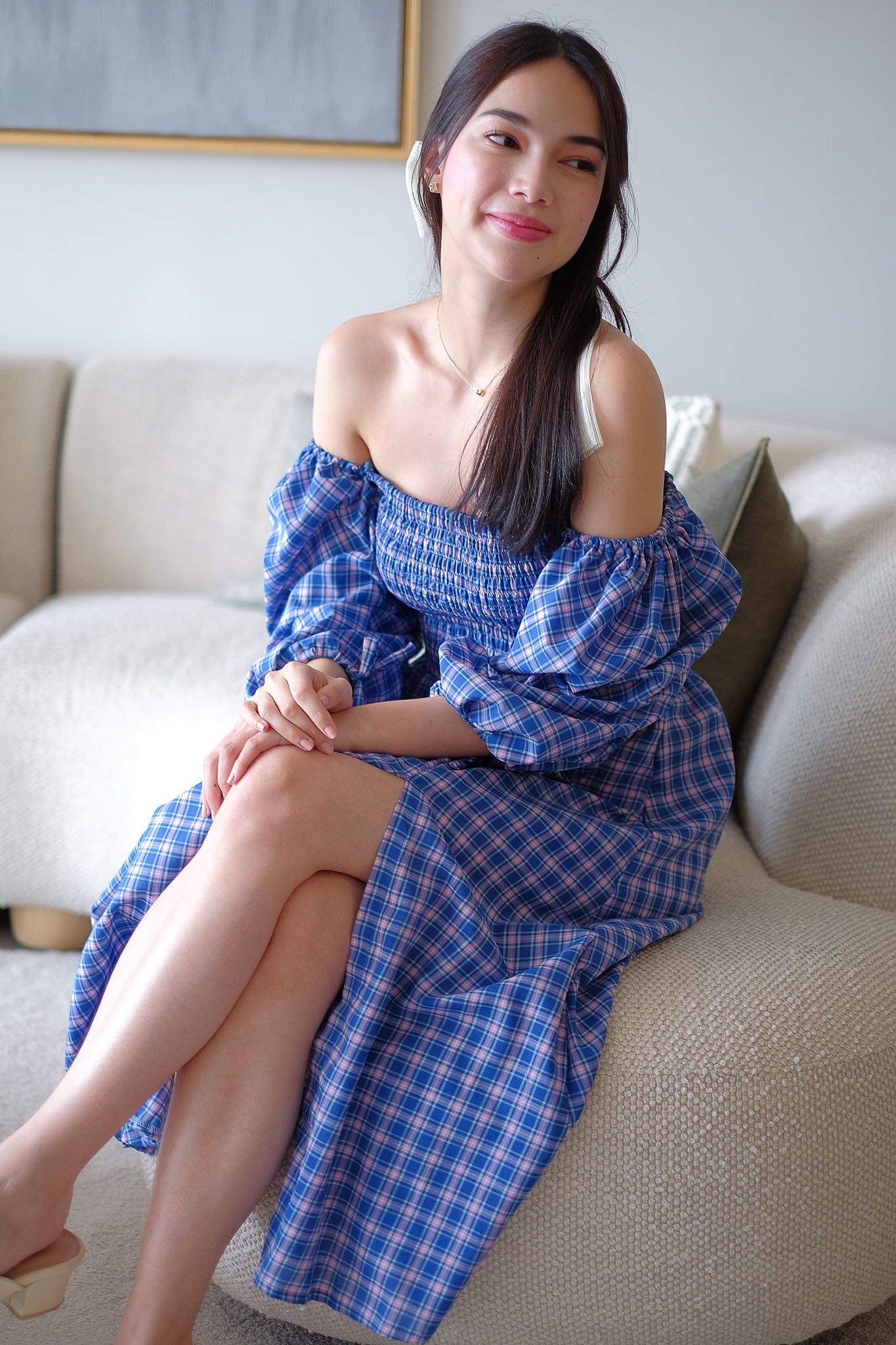 The Coleen Midi Dress - blue plaid print