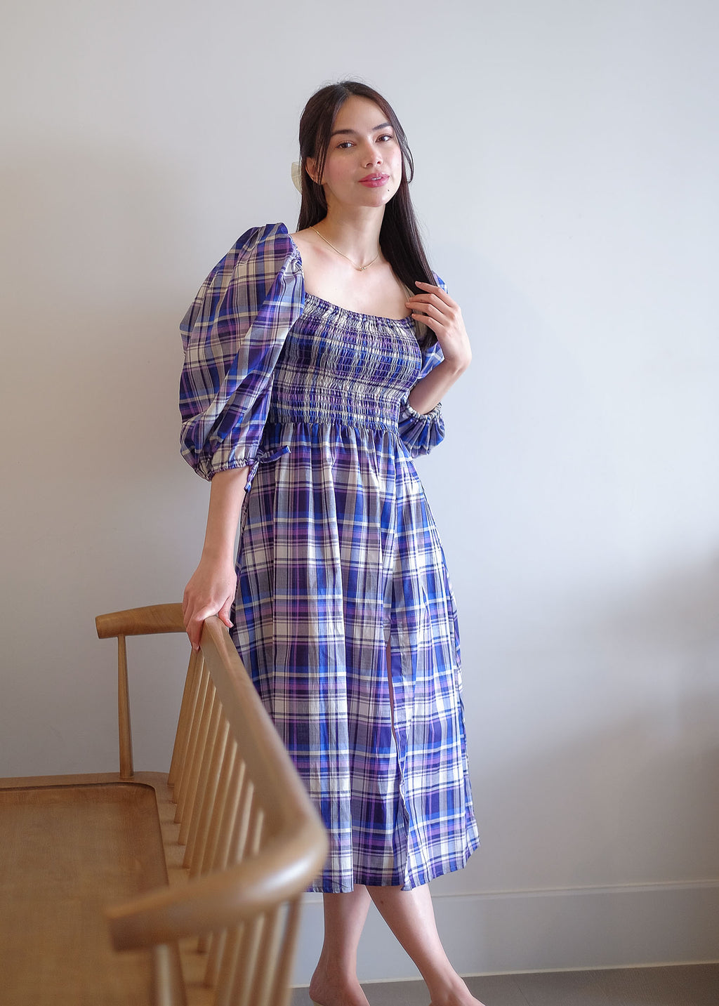 The Coleen Midi Dress - purple plaid print