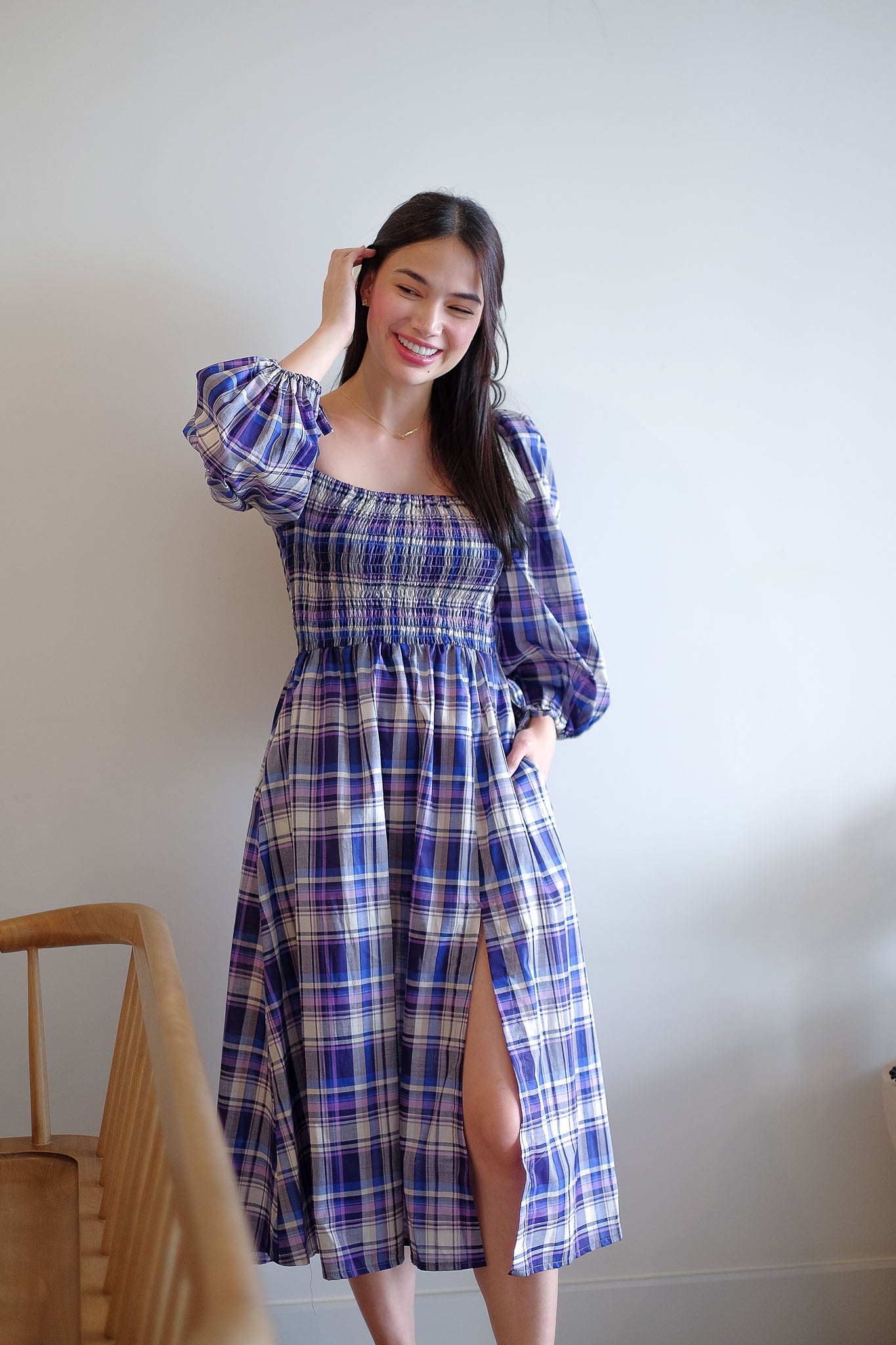 The Coleen Midi Dress - purple plaid print