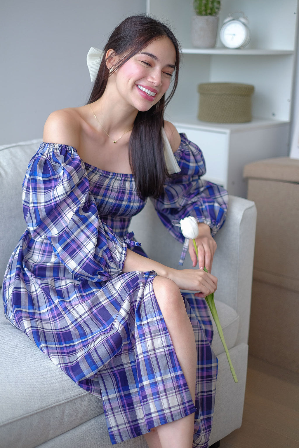 The Coleen Midi Dress - purple plaid print