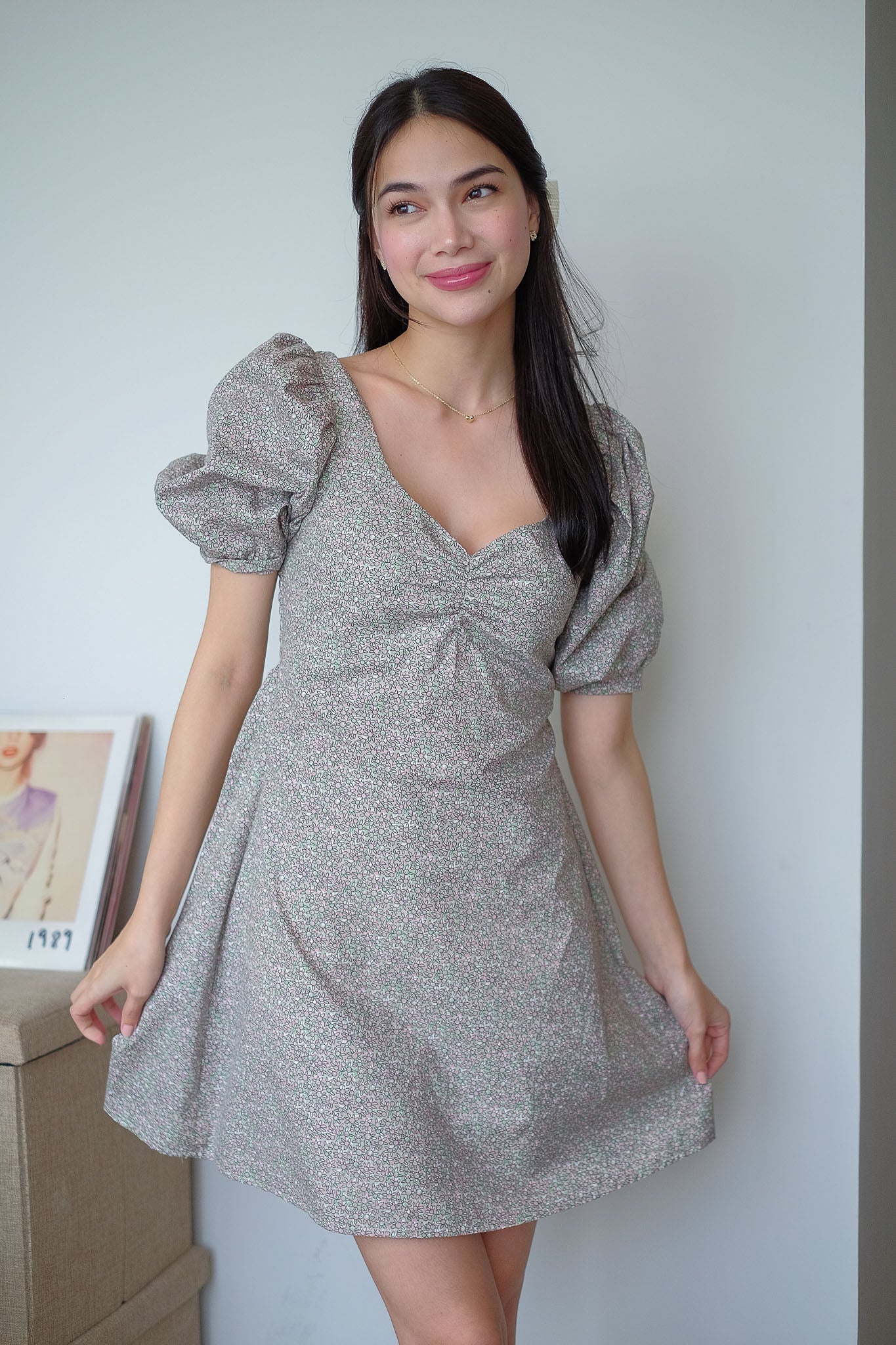 The Ross Mini Dress - Beige with Pastel Ditsy Flowers