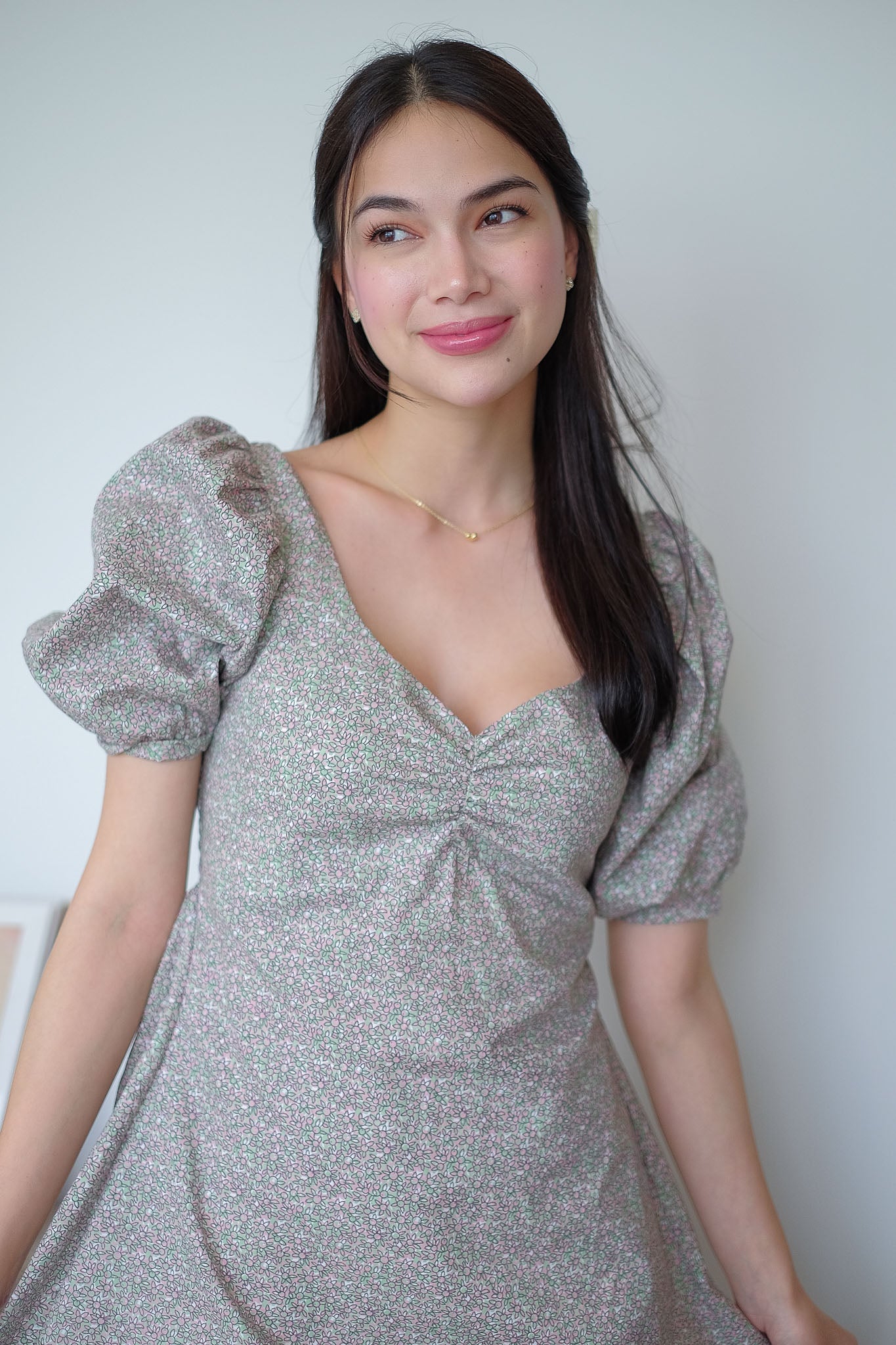 The Ross Mini Dress - Beige with Pastel Ditsy Flowers