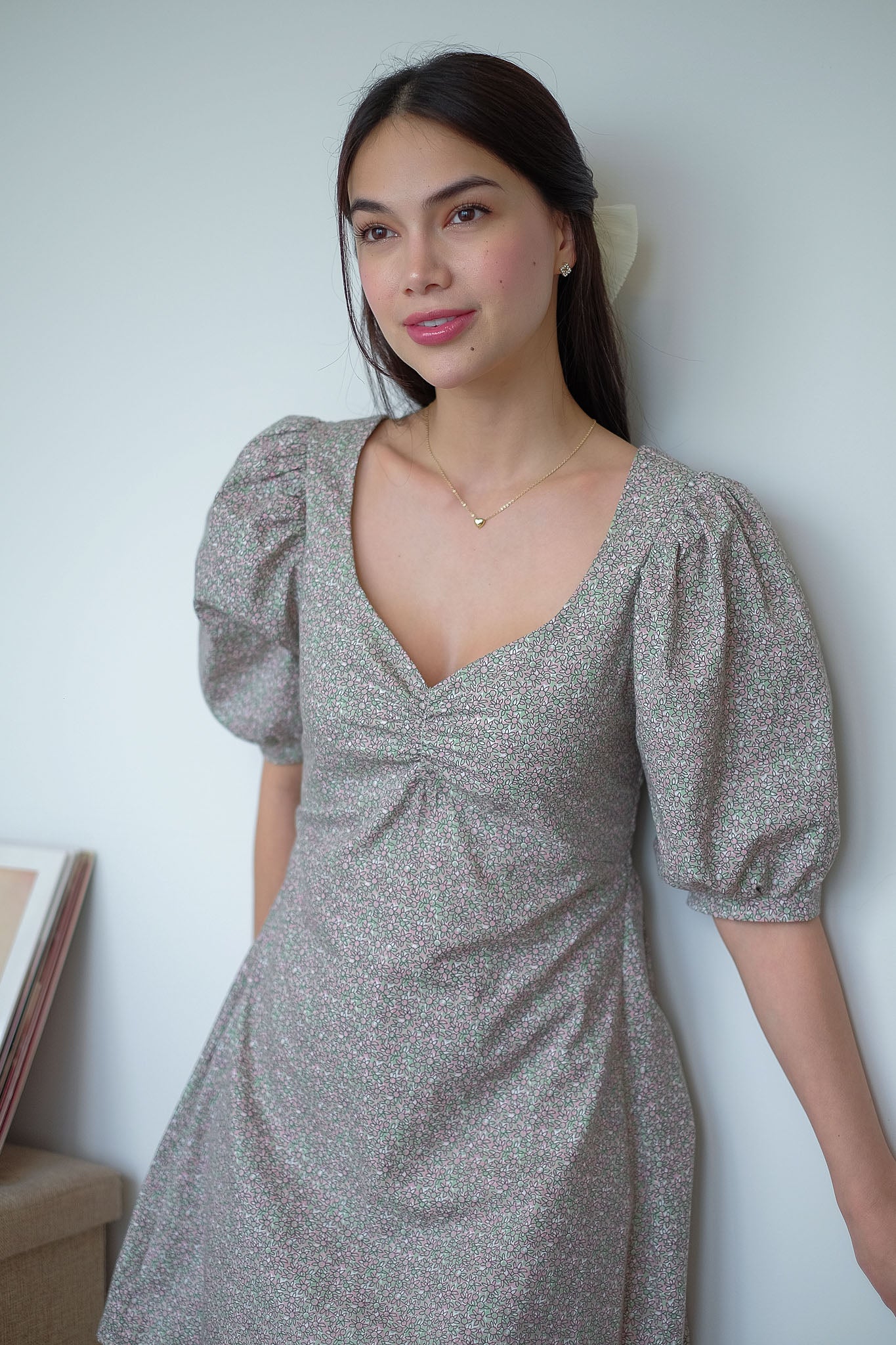 The Ross Mini Dress - Beige with Pastel Ditsy Flowers