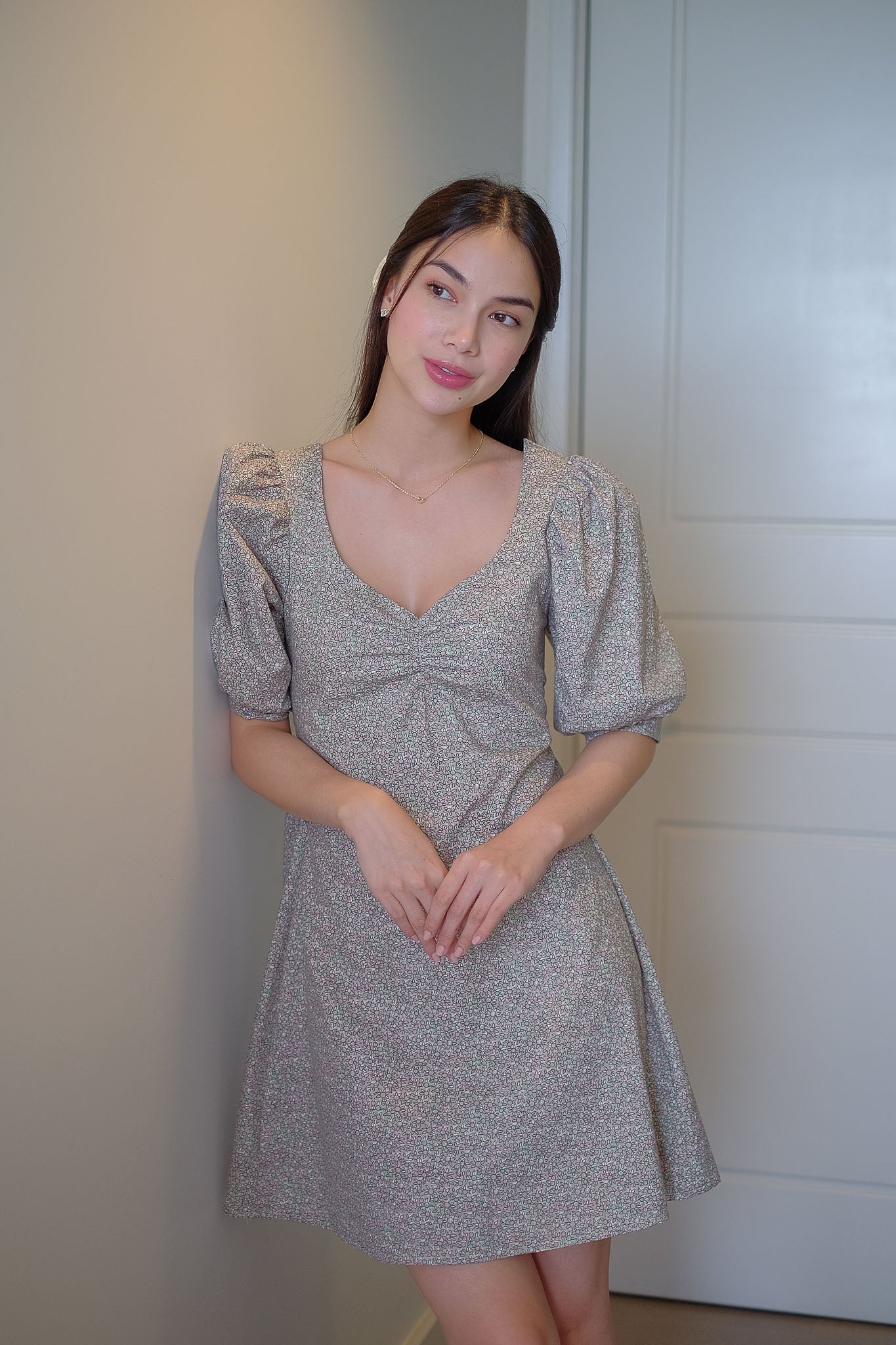 The Ross Mini Dress - Beige with Pastel Ditsy Flowers