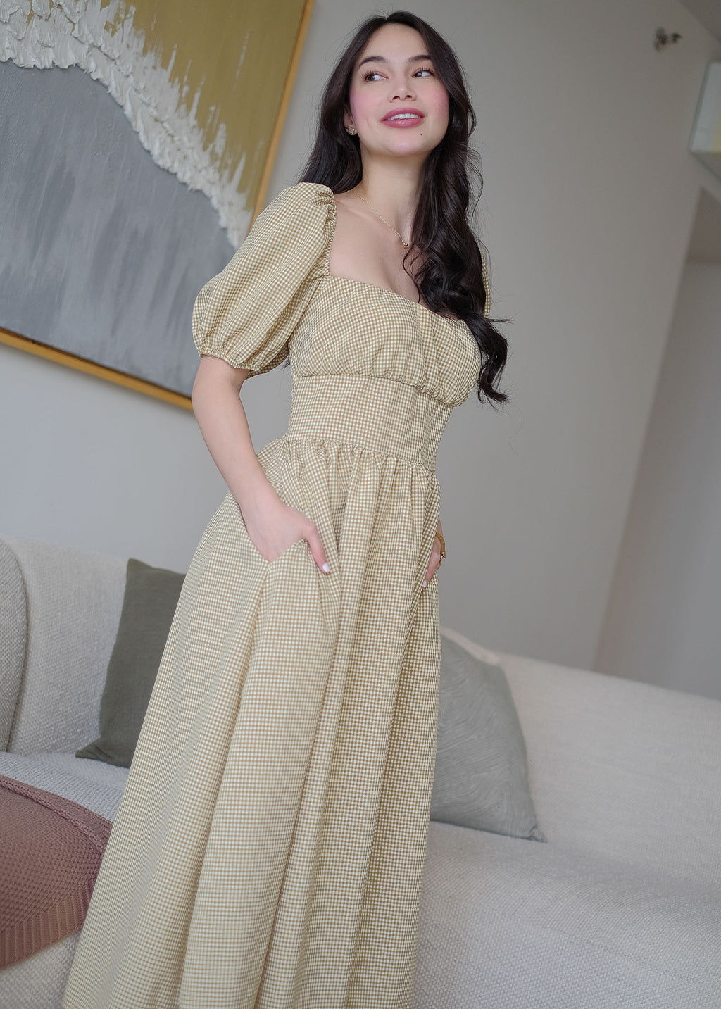 Monica Midi Dress – Olive gingham