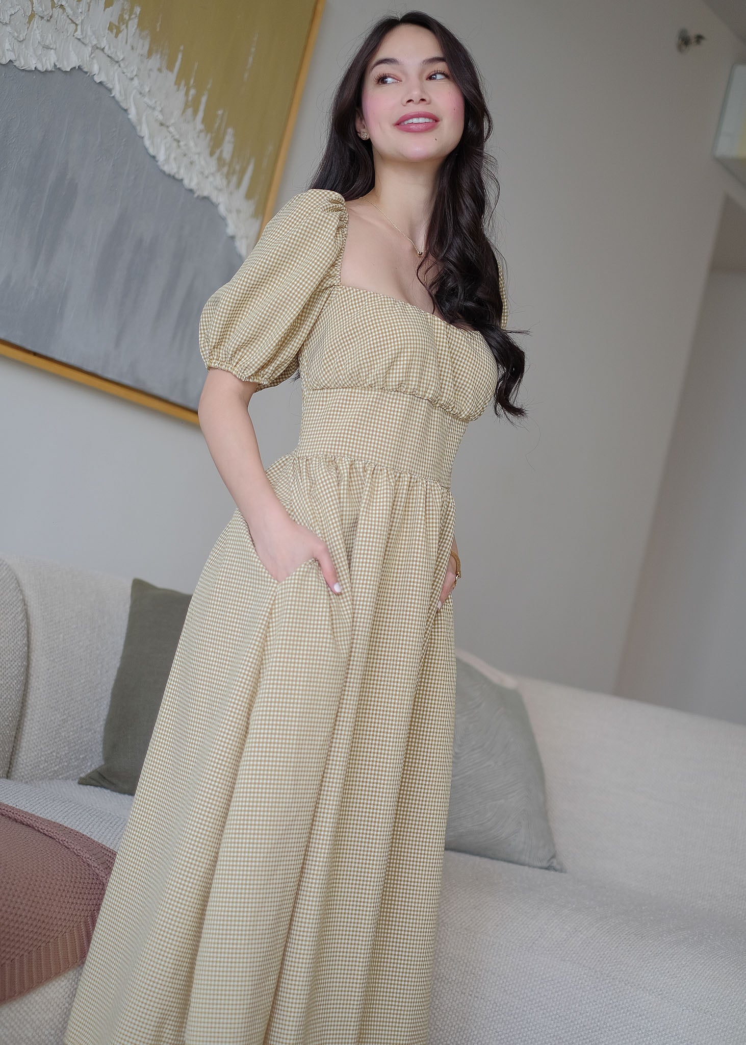 Monica Midi Dress – Olive gingham