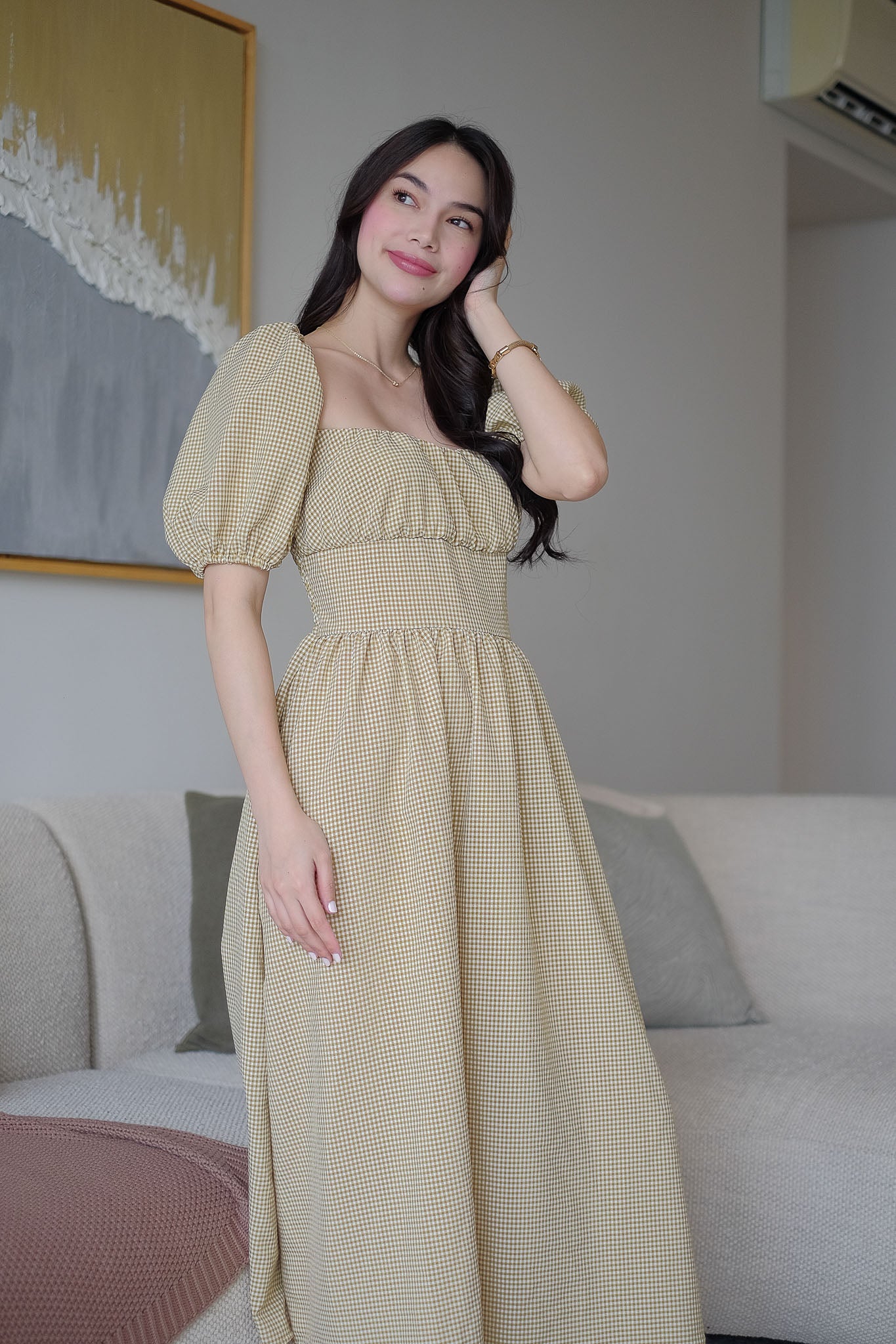 Monica Midi Dress – Olive gingham