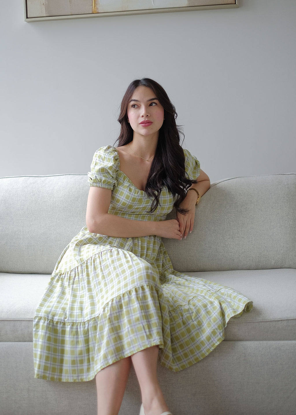 Dakota Midi Dress - pear green plaid