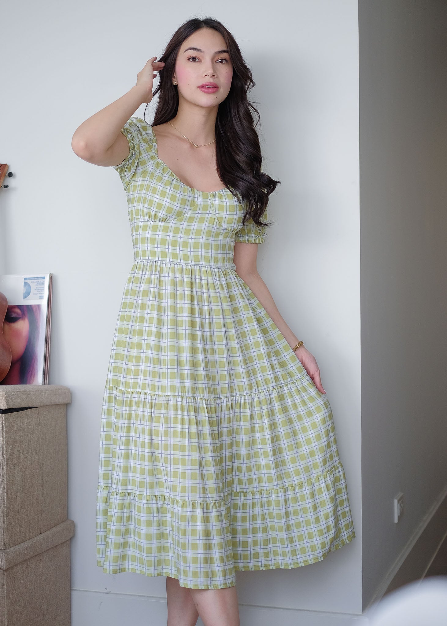 Dakota Midi Dress - pear green plaid