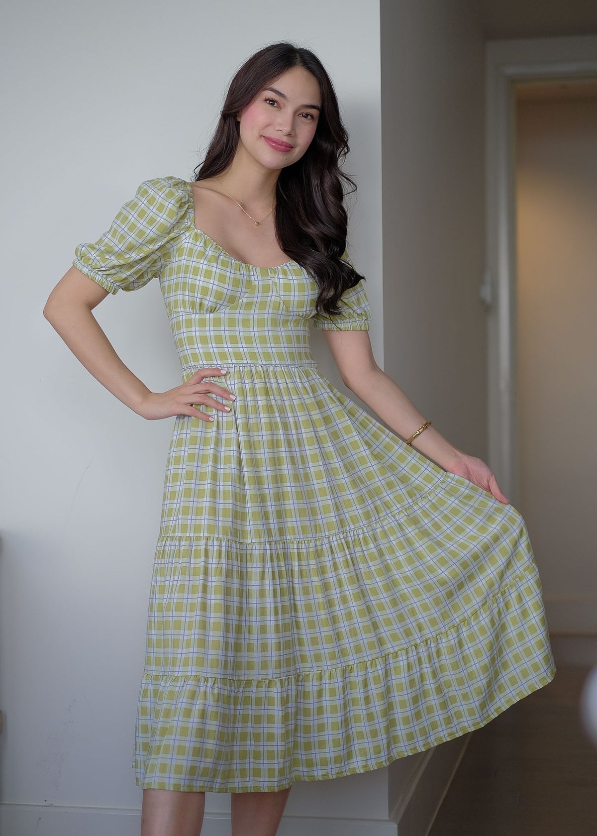 Dakota Midi Dress - pear green plaid