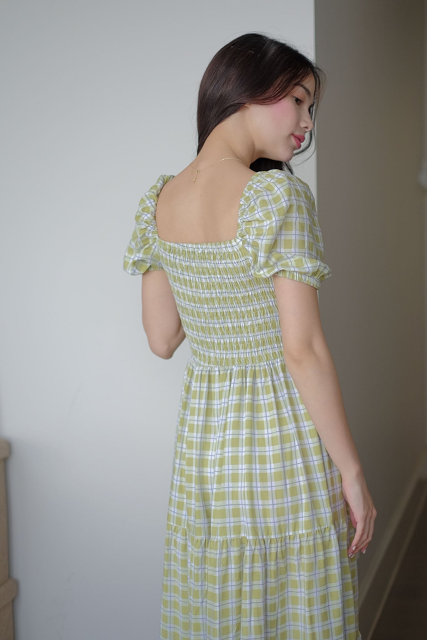 Dakota Midi Dress - pear green plaid