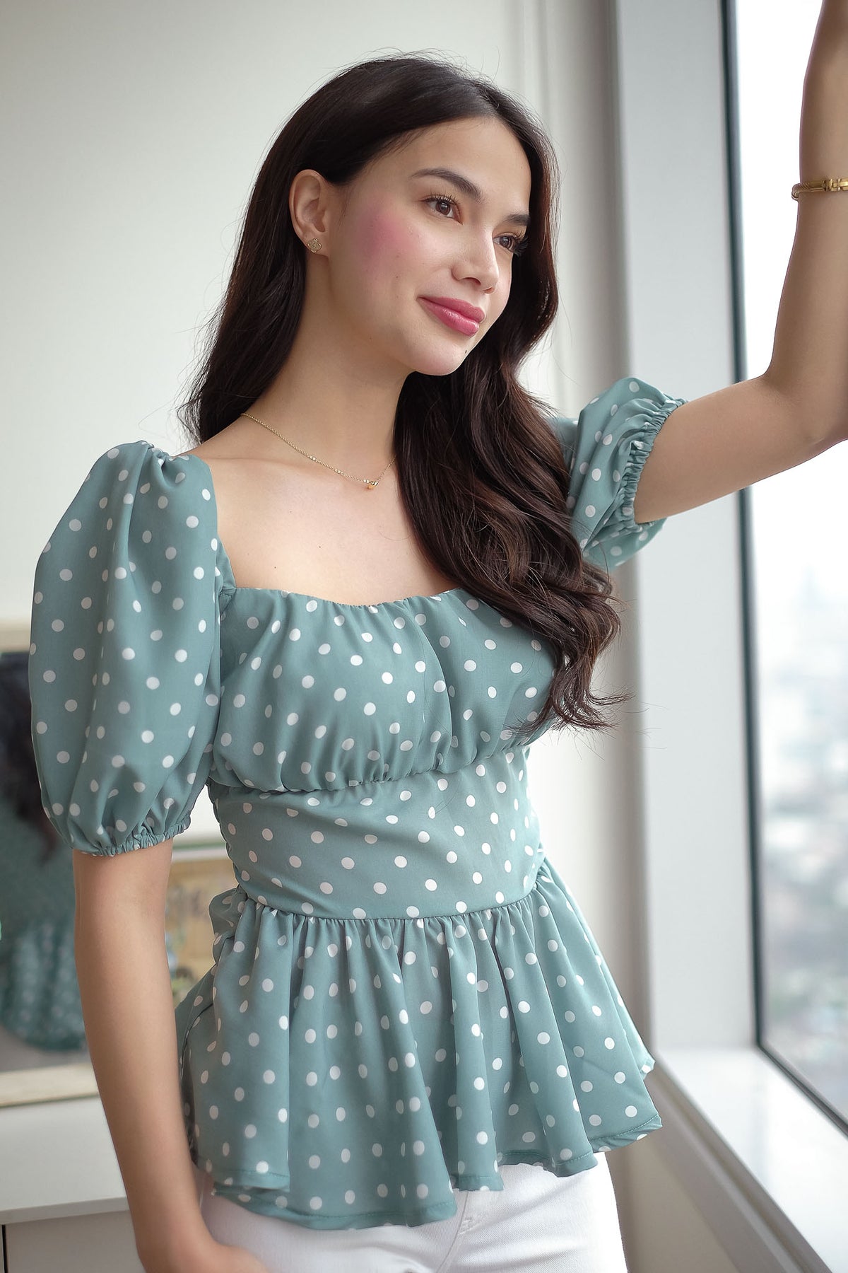 The Rachel Top - Sage green white polka