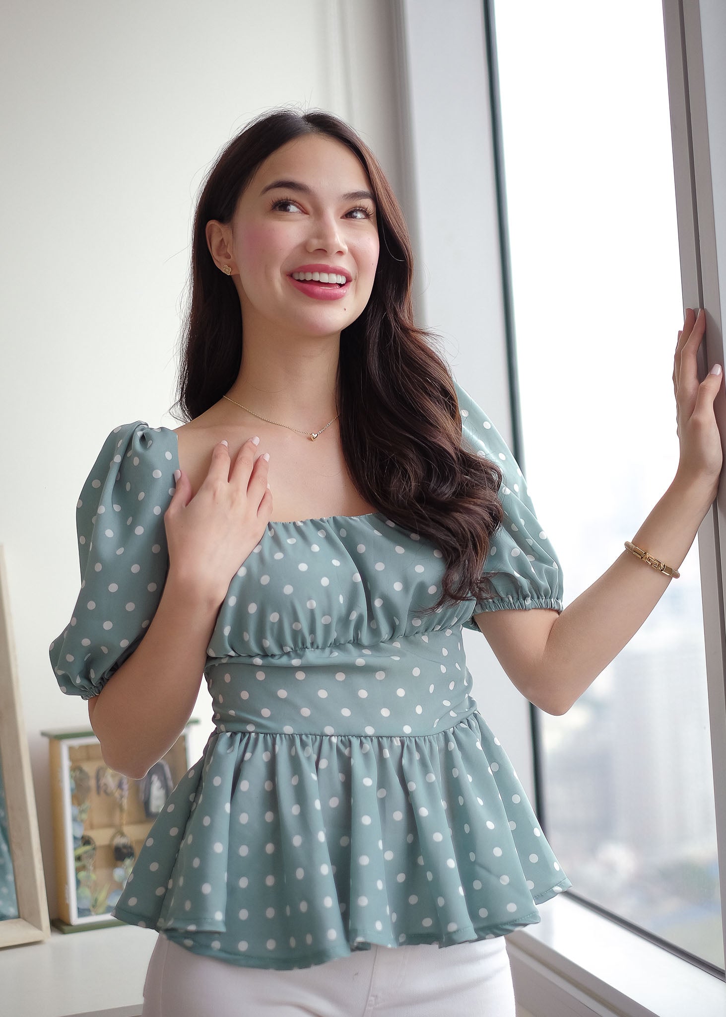 The Rachel Top - Sage green white polka