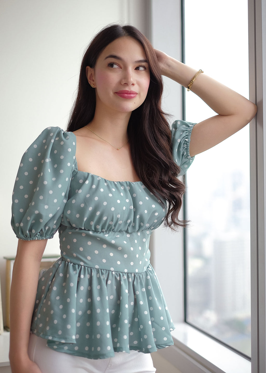 The Rachel Top - Sage green white polka